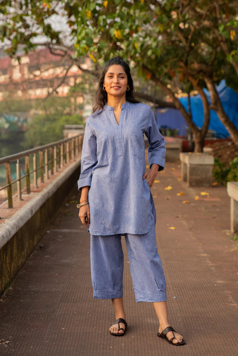 Blue cotton co-ord kurta set for women with palazzo casual summer wear Gangaur Jaipur