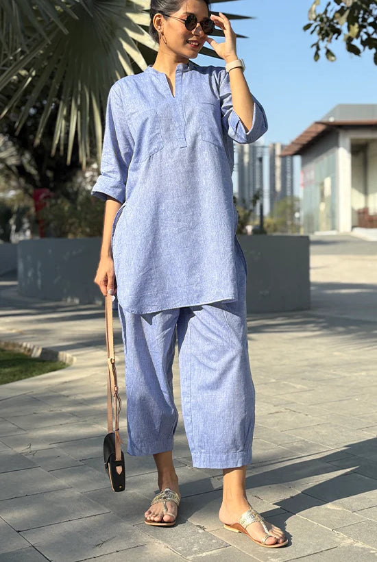 Blue cotton co-ord kurta set for women with palazzo casual summer wear Gangaur Jaipur