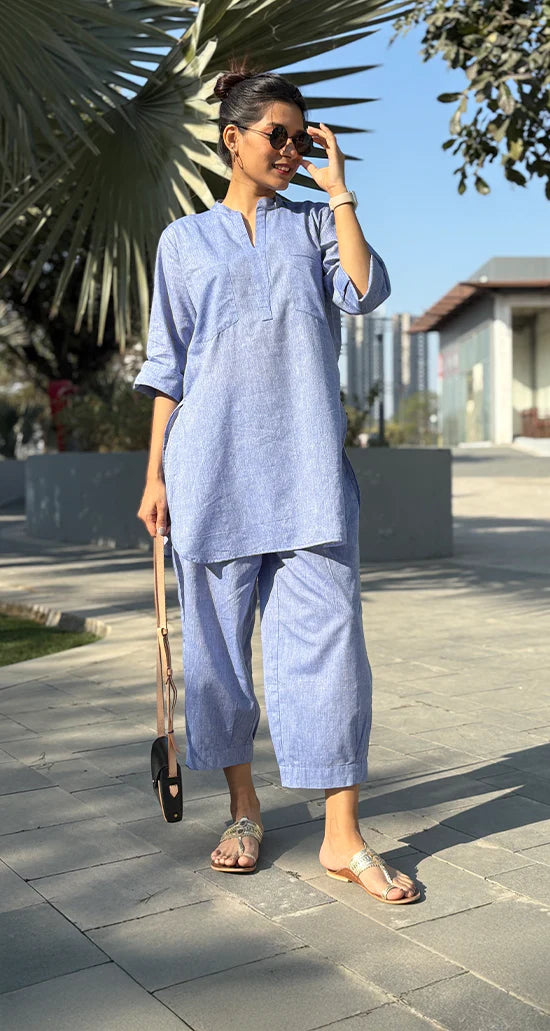 Blue cotton co-ord kurta set for women with palazzo casual summer wear Gangaur Jaipur