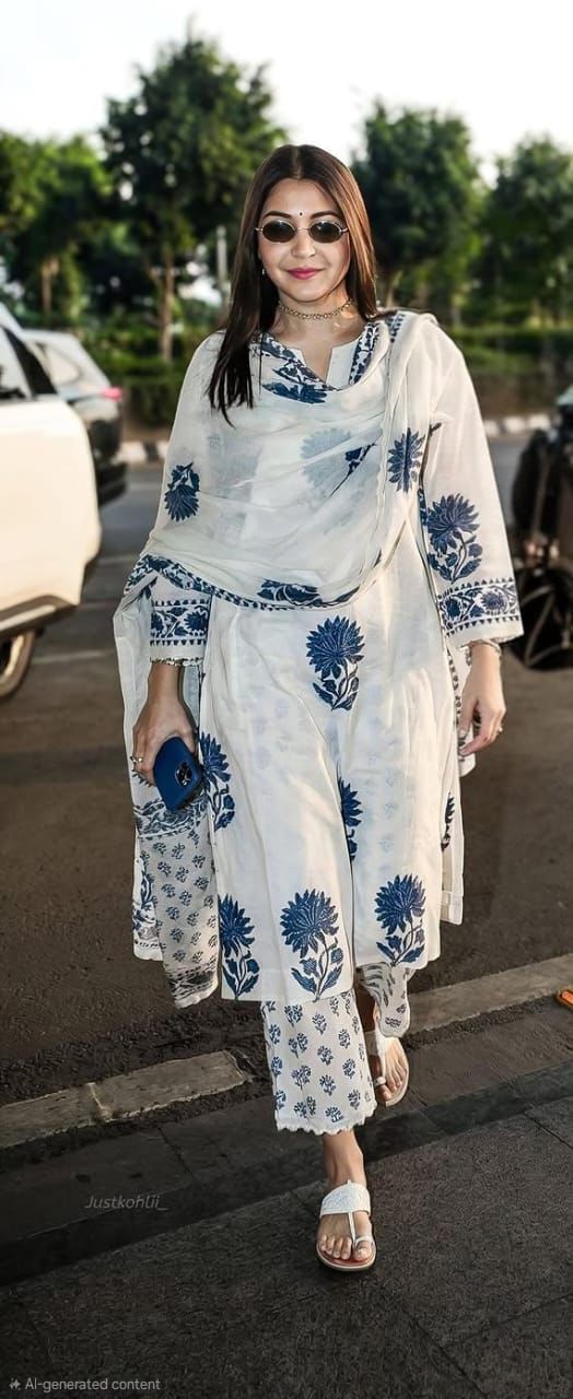 Anushka Sharma inspired blue block printed kurta set with palazzo and dupatta for women