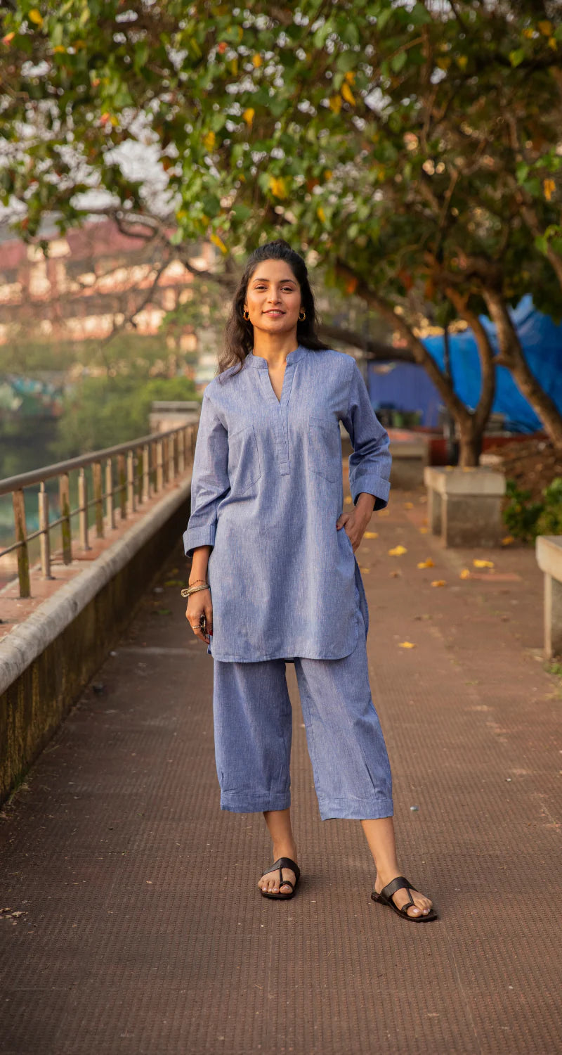Blue cotton co-ord kurta set for women with palazzo casual summer wear Gangaur Jaipur